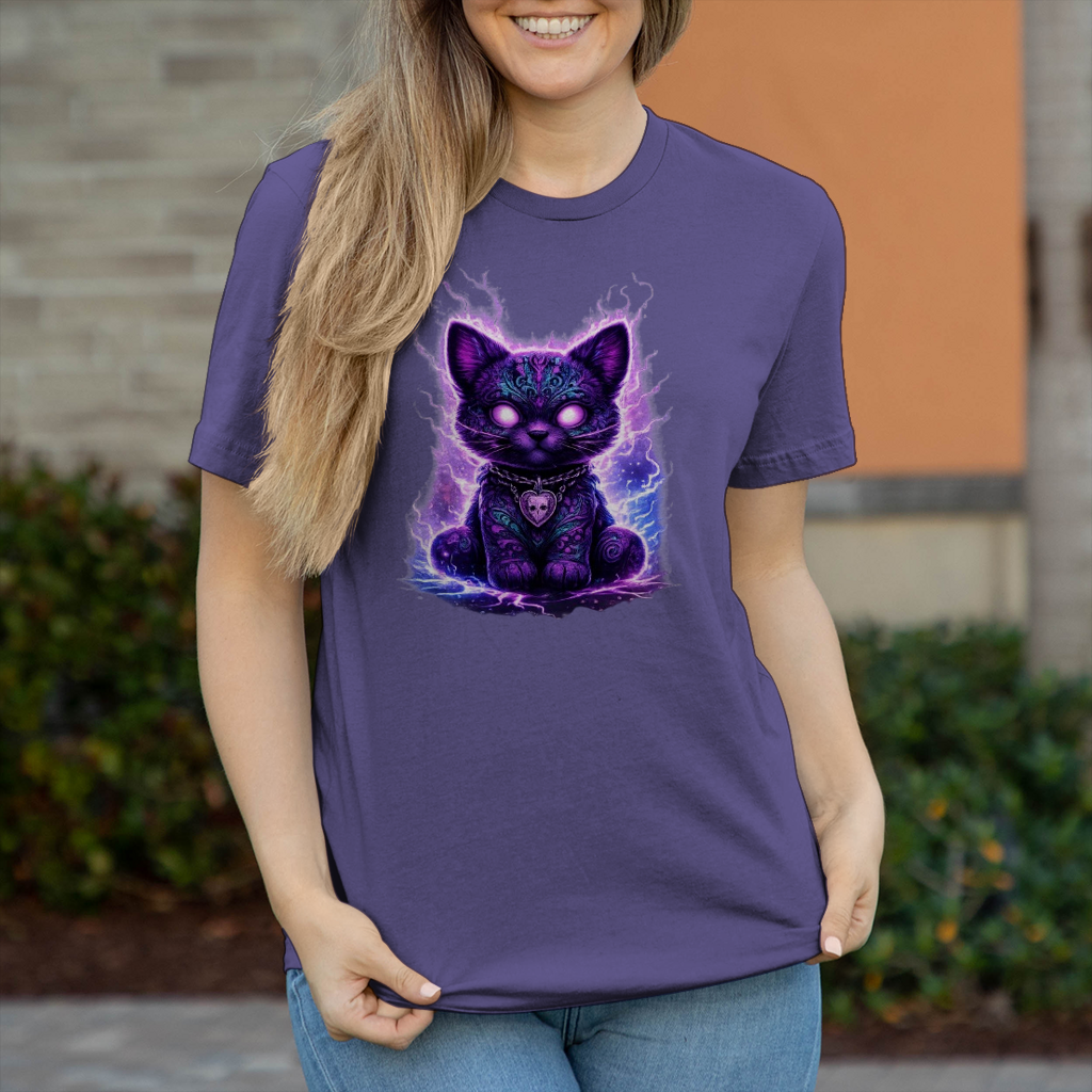 Damen T-Shirt Magische schwarze Katze mit elektrischer Aura