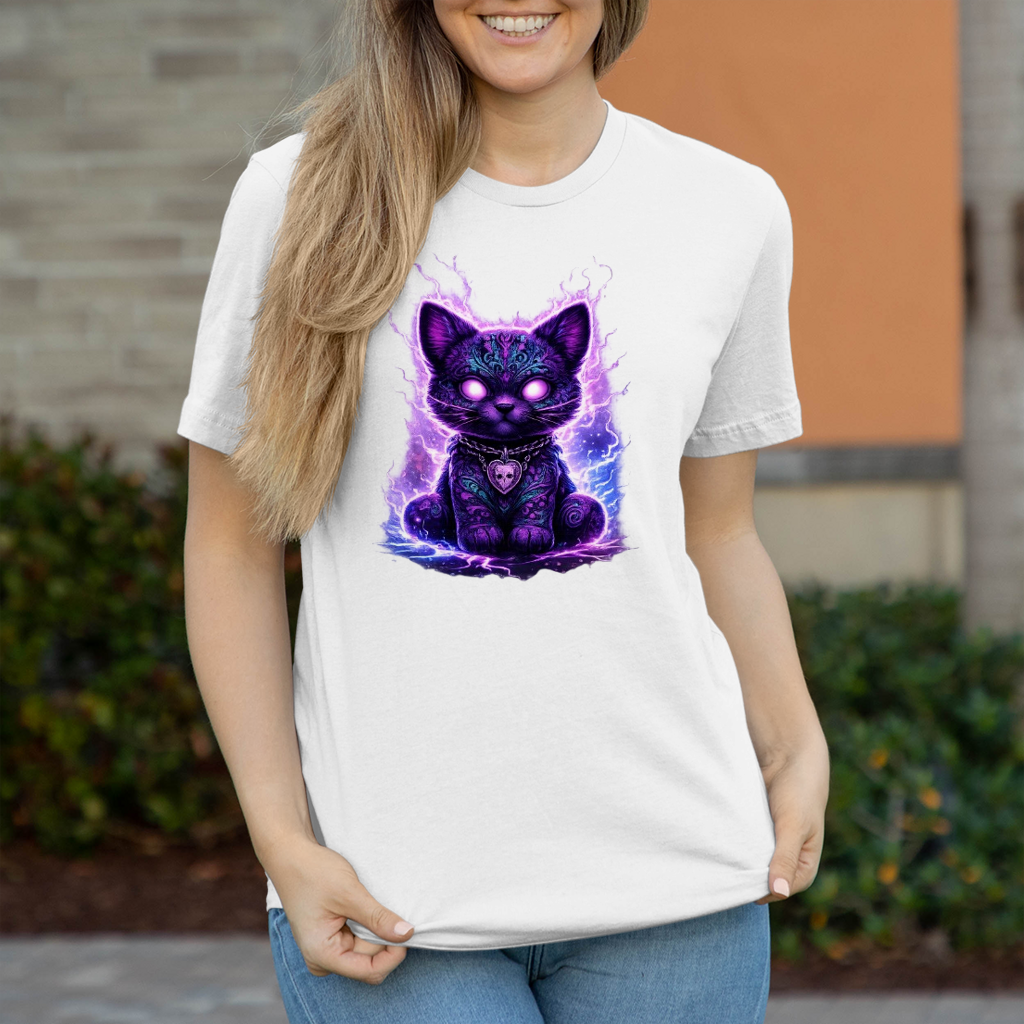 Damen T-Shirt Magische schwarze Katze mit elektrischer Aura