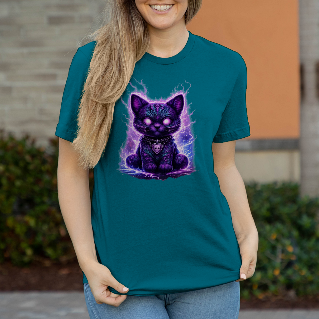 Damen T-Shirt Magische schwarze Katze mit elektrischer Aura