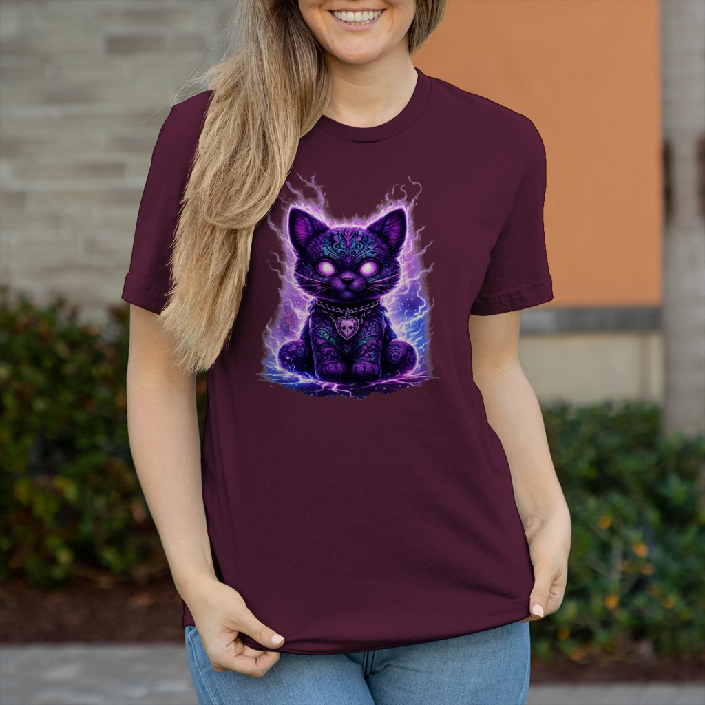 Damen T-Shirt Magische schwarze Katze mit elektrischer Aura
