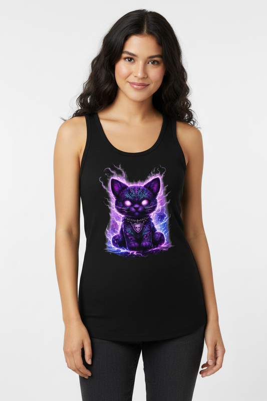 Damen Basic Tank Top Magische schwarze Katze mit elektrischer Aura
