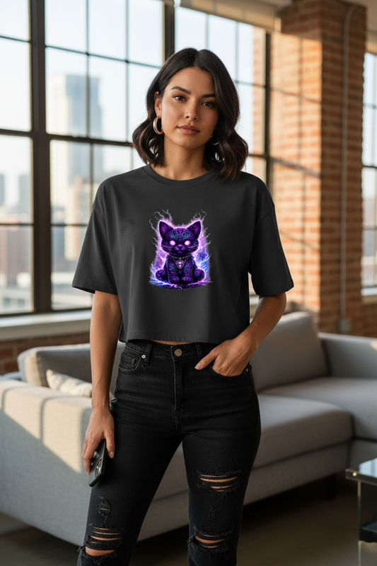 Damen Oversize Crop Top Magische schwarze Katze mit elektrischer Aura