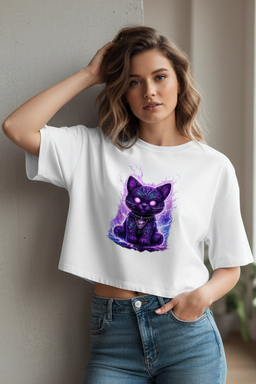 Damen Oversize Crop Top Magische schwarze Katze mit elektrischer Aura