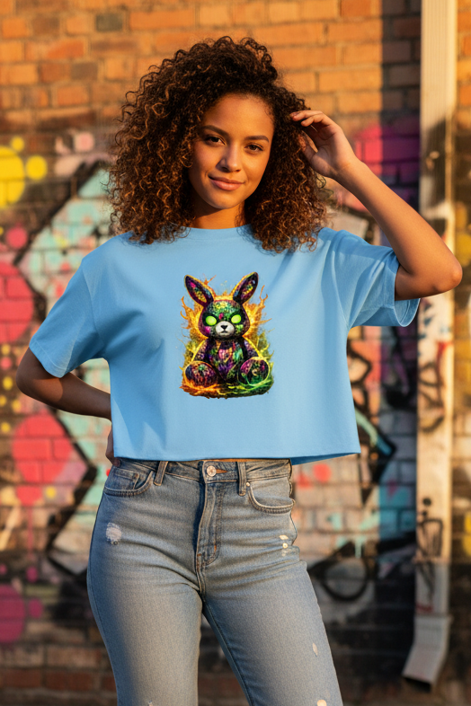 Damen Oversize Crop Top Neon-demon bunny of fiery chaos