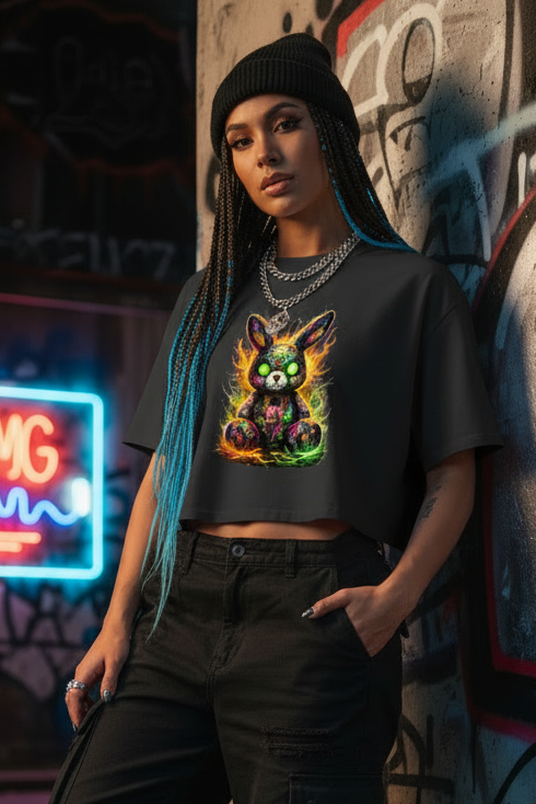 Damen Oversize Crop Top Neon-demon bunny of fiery chaos