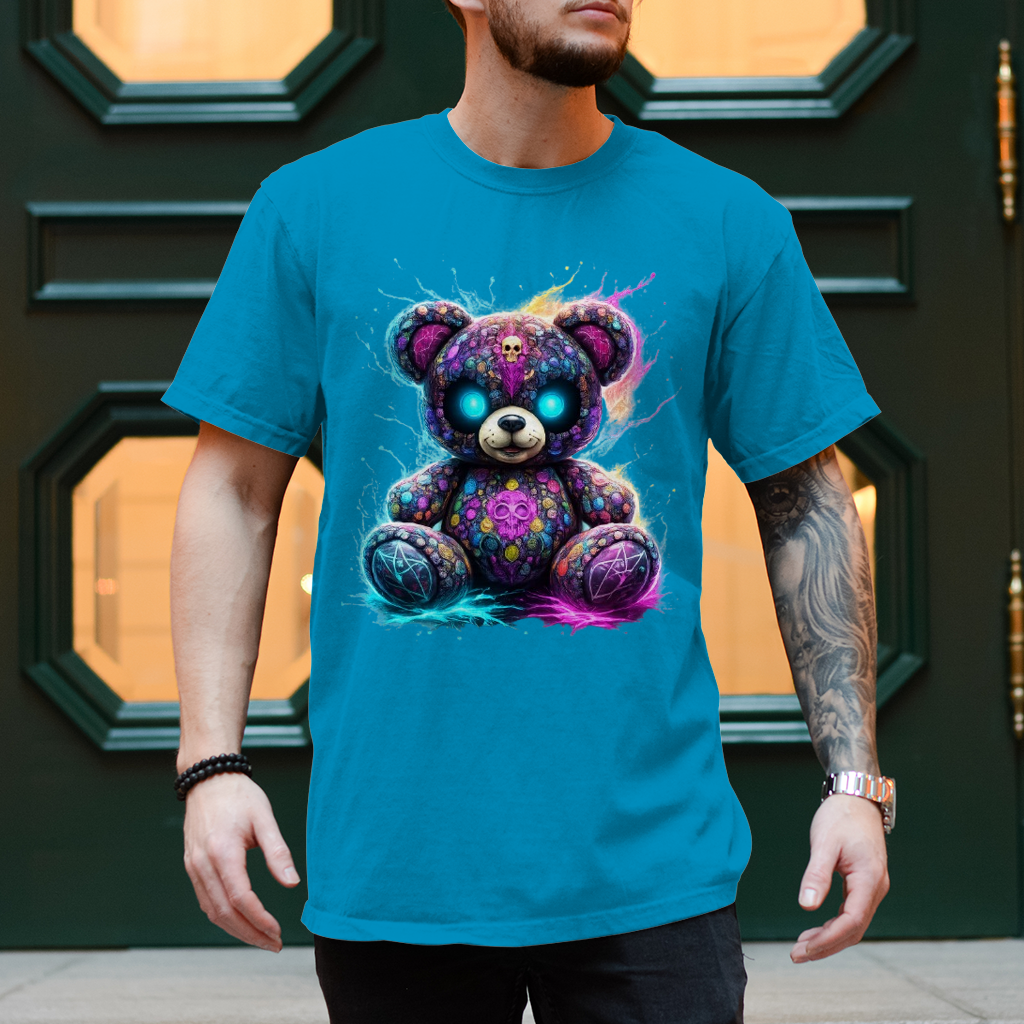 Herren T-Shirt Psychedelischer, elektrischer Teufels-Teddybär