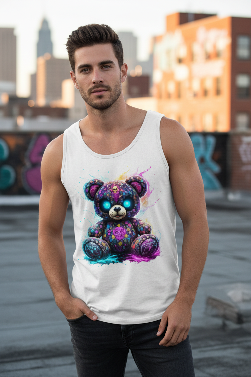 Herren Basic Tank Top Psychedelischer, elektrischer Teufels-Teddybär