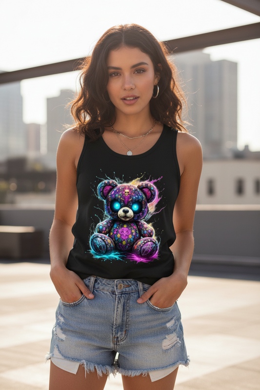 Damen Basic Tank Top Psychedelischer, elektrischer Teufels-Teddybär