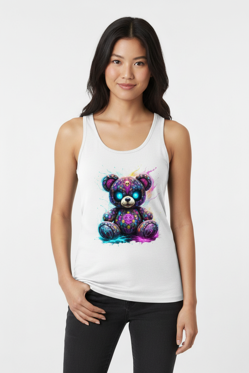 Damen Basic Tank Top Psychedelischer, elektrischer Teufels-Teddybär