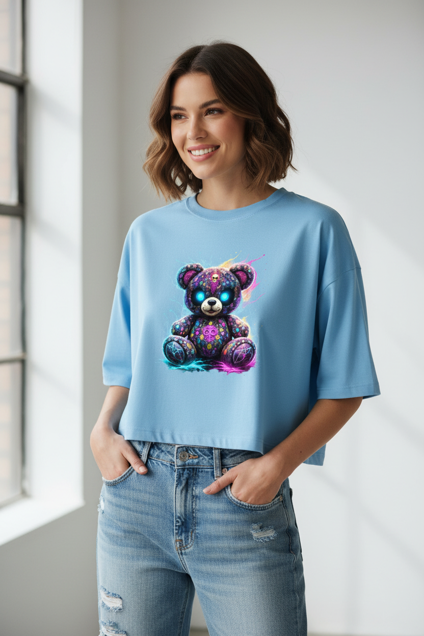 Damen Oversize Crop Top Psychedelischer, elektrischer Teufels-Teddybär