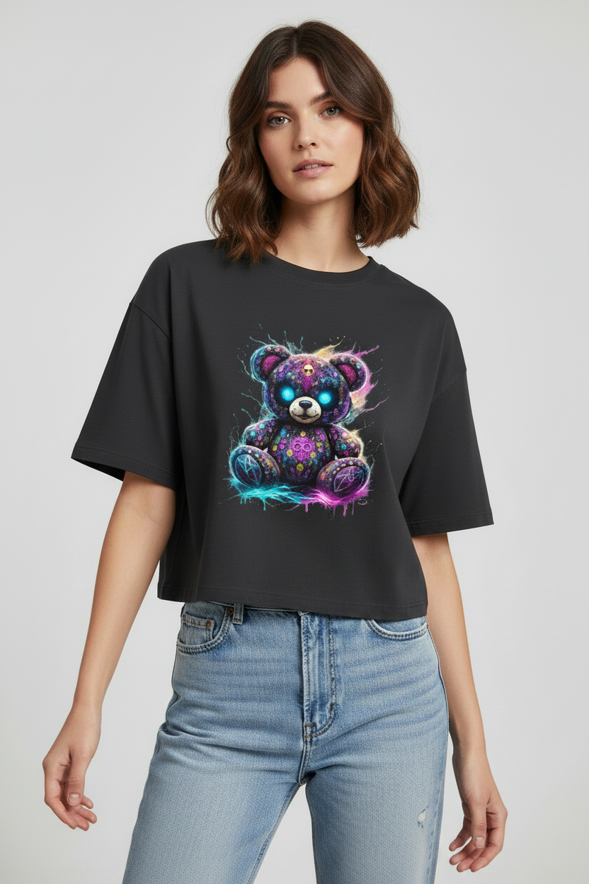 Damen Oversize Crop Top Psychedelischer, elektrischer Teufels-Teddybär