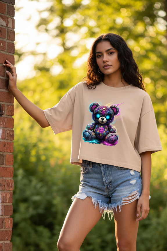 Damen Oversize Crop Top Psychedelischer, elektrischer Teufels-Teddybär