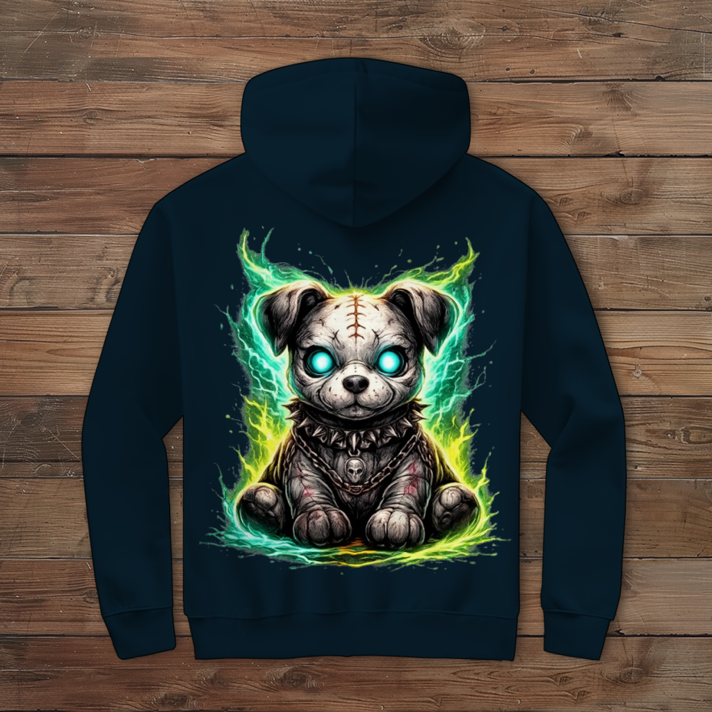 Herren Zipper Hoodie Unheimlicher zombifizierter Welpe mit Energie