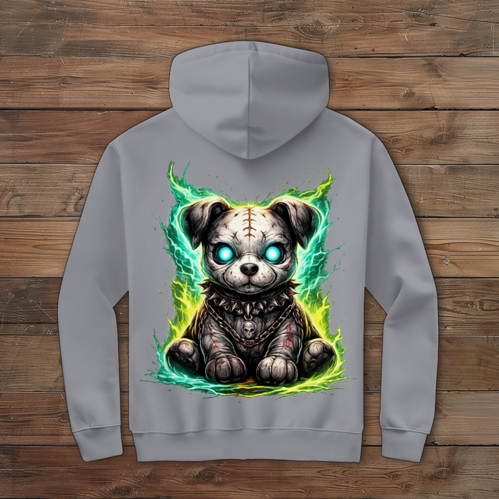 Herren Zipper Hoodie Unheimlicher zombifizierter Welpe mit Energie