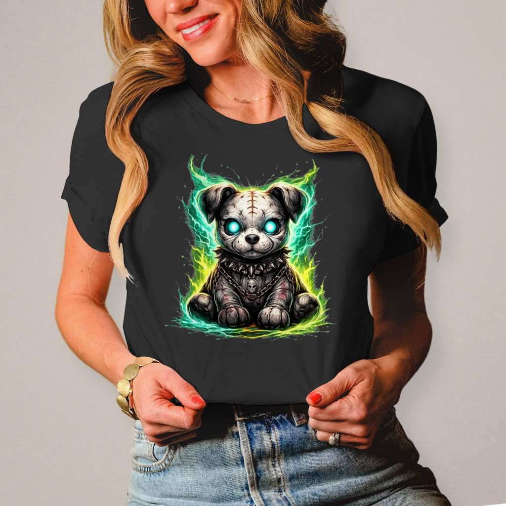 Damen T-Shirt Unheimlicher zombifizierter Welpe mit Energie