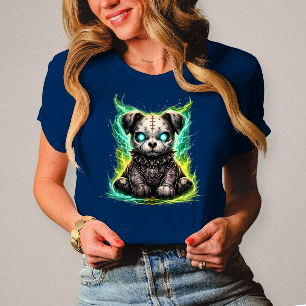 Damen T-Shirt Unheimlicher zombifizierter Welpe mit Energie