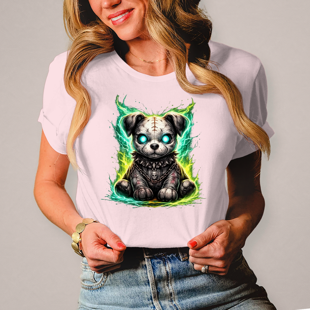 Damen T-Shirt Unheimlicher zombifizierter Welpe mit Energie