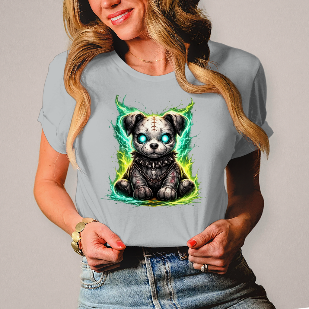 Damen T-Shirt Unheimlicher zombifizierter Welpe mit Energie