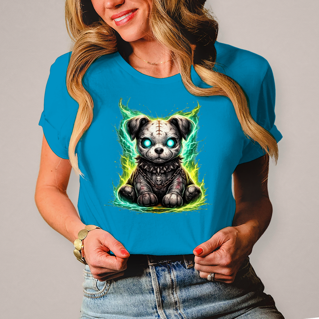 Damen T-Shirt Unheimlicher zombifizierter Welpe mit Energie