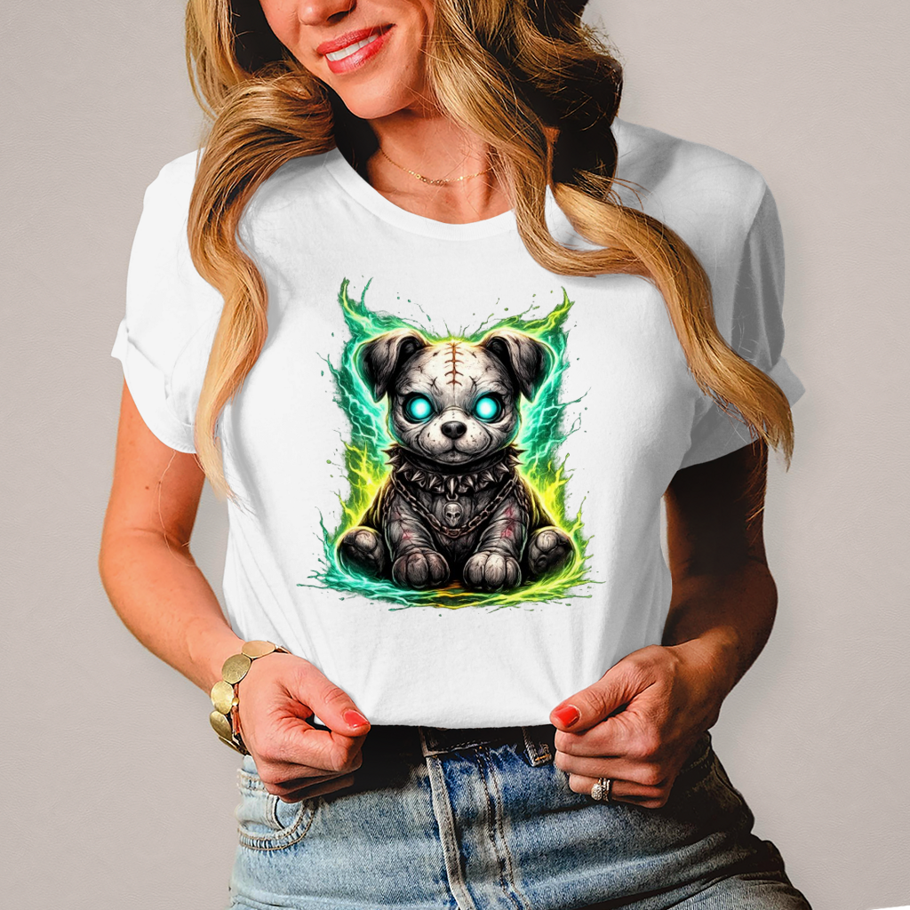 Damen T-Shirt Unheimlicher zombifizierter Welpe mit Energie