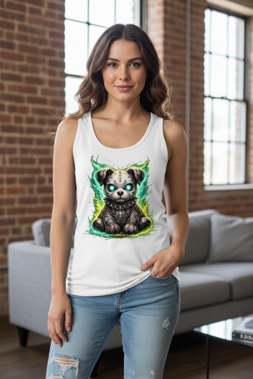 Damen Basic Tank Top Unheimlicher zombifizierter Welpe mit Energie