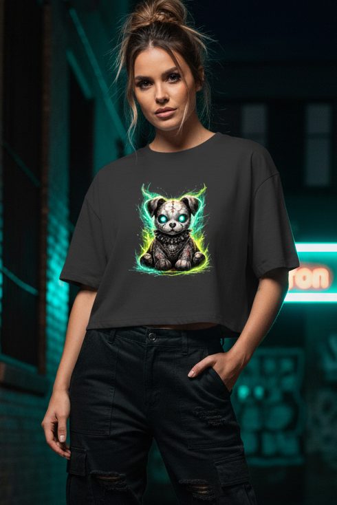 Damen Oversize Crop Top Unheimlicher zombifizierter Welpe mit Energie