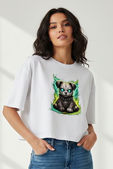 Damen Oversize Crop Top Unheimlicher zombifizierter Welpe mit Energie