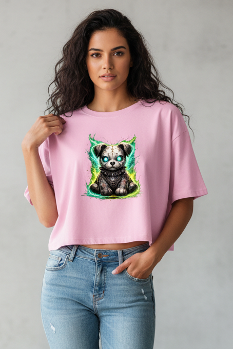 Damen Oversize Crop Top Unheimlicher zombifizierter Welpe mit Energie
