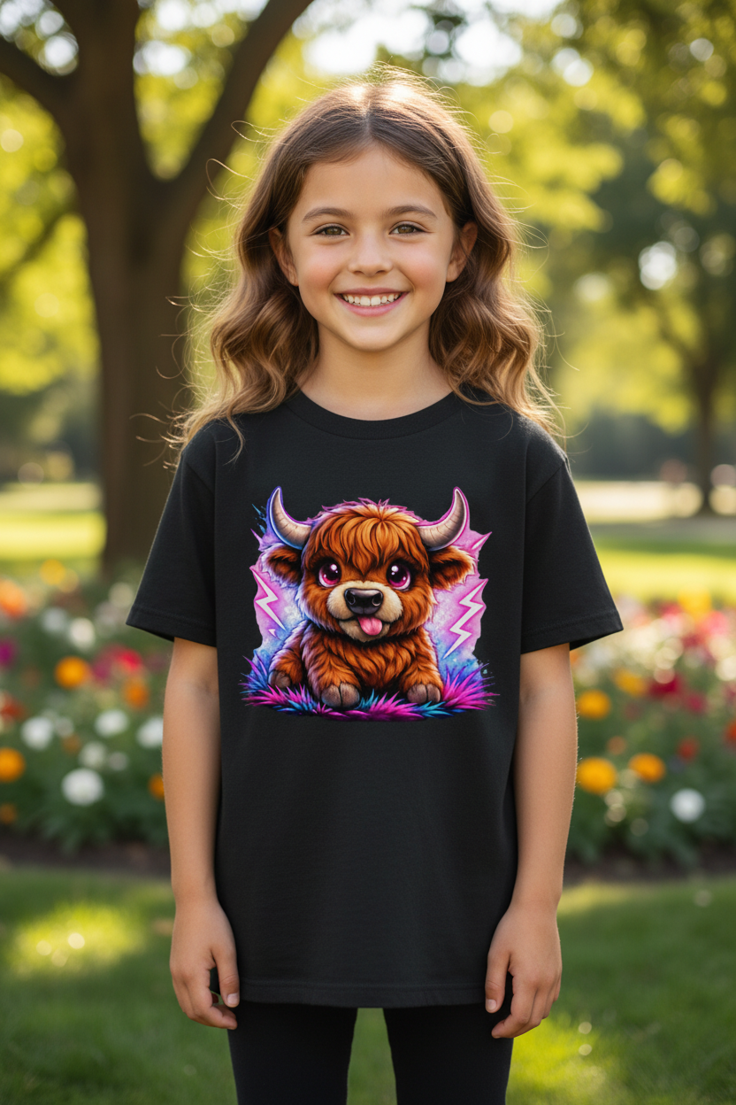 Kinder Basic T-Shirt Verspielte Hochlandrinder mit leuchtenden Hörnern