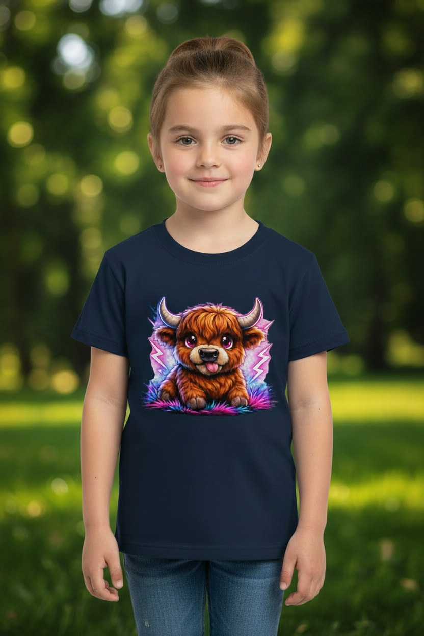 Kinder Basic T-Shirt Verspielte Hochlandrinder mit leuchtenden Hörnern
