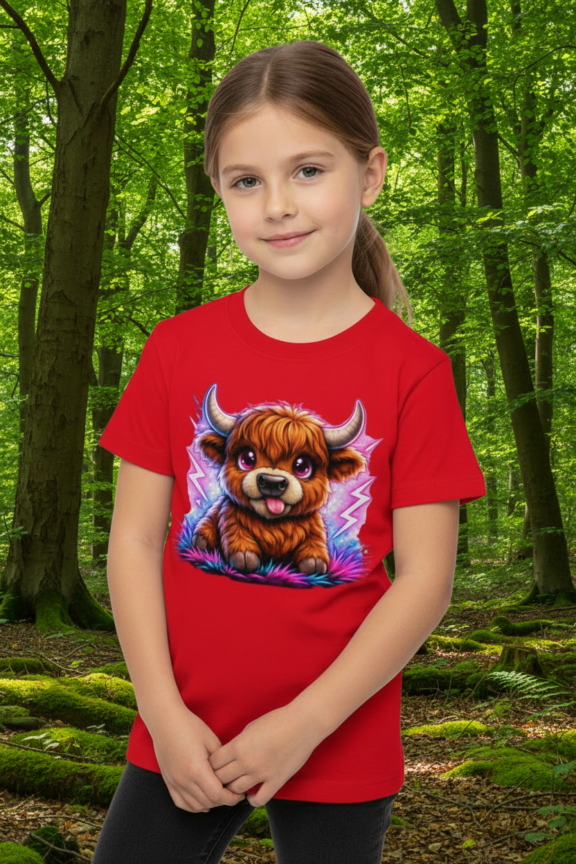Kinder Basic T-Shirt Verspielte Hochlandrinder mit leuchtenden Hörnern