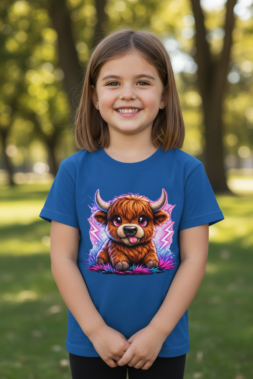 Kinder Basic T-Shirt Verspielte Hochlandrinder mit leuchtenden Hörnern