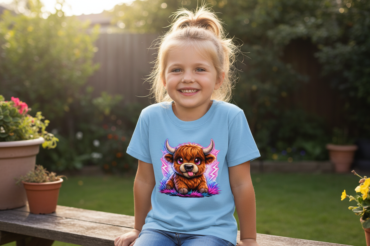 Kinder Basic T-Shirt Verspielte Hochlandrinder mit leuchtenden Hörnern