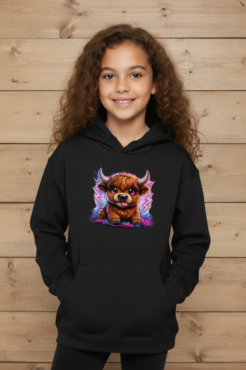 Kids Basic Hoodie Verspielte Hochlandrinder mit leuchtenden Hörnern