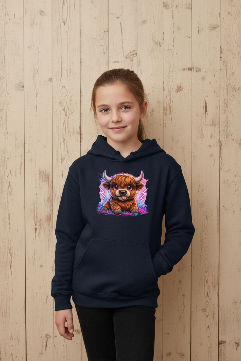 Kids Basic Hoodie Verspielte Hochlandrinder mit leuchtenden Hörnern
