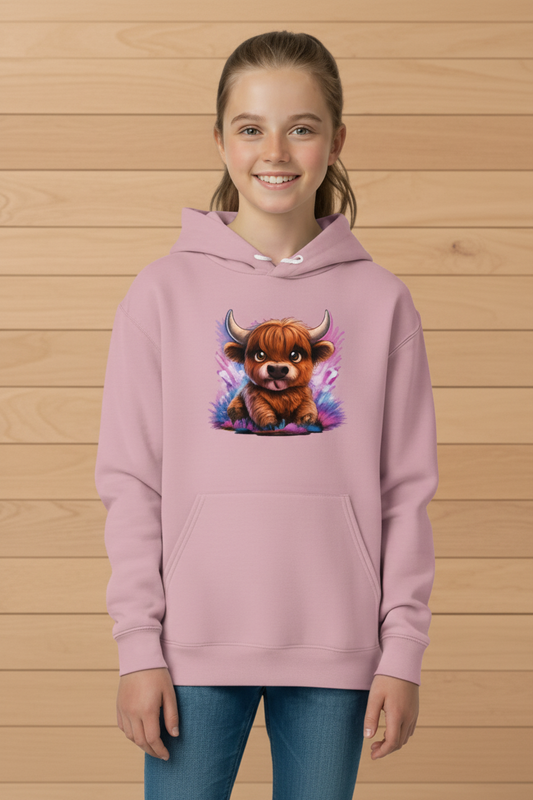 Kids Basic Hoodie Verspielte Hochlandrinder mit leuchtenden Hörnern