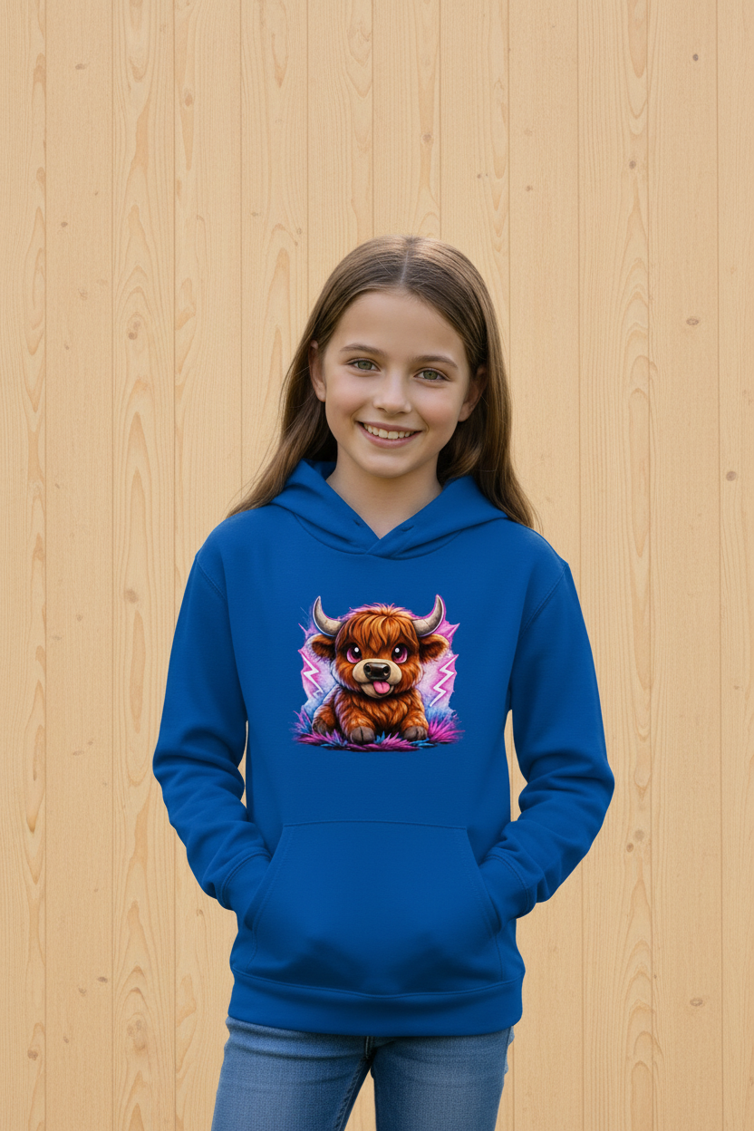 Kids Basic Hoodie Verspielte Hochlandrinder mit leuchtenden Hörnern