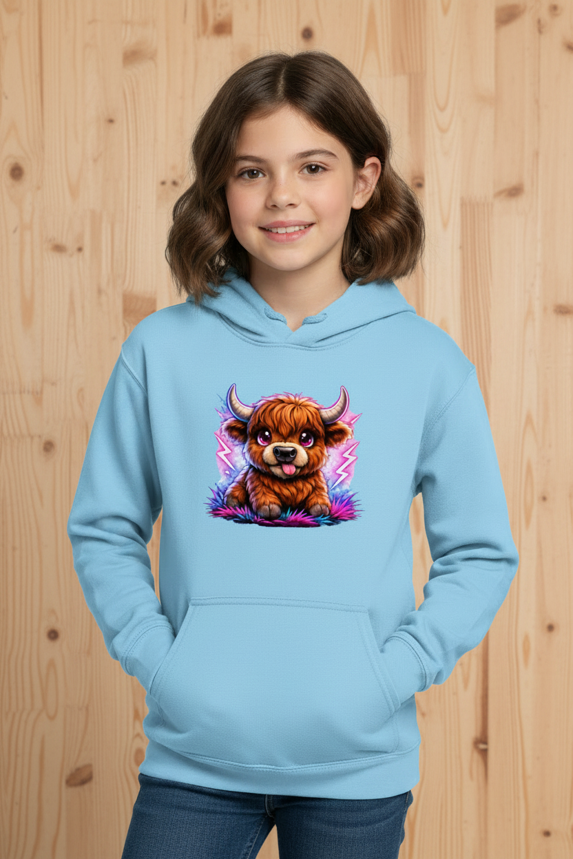 Kids Basic Hoodie Verspielte Hochlandrinder mit leuchtenden Hörnern