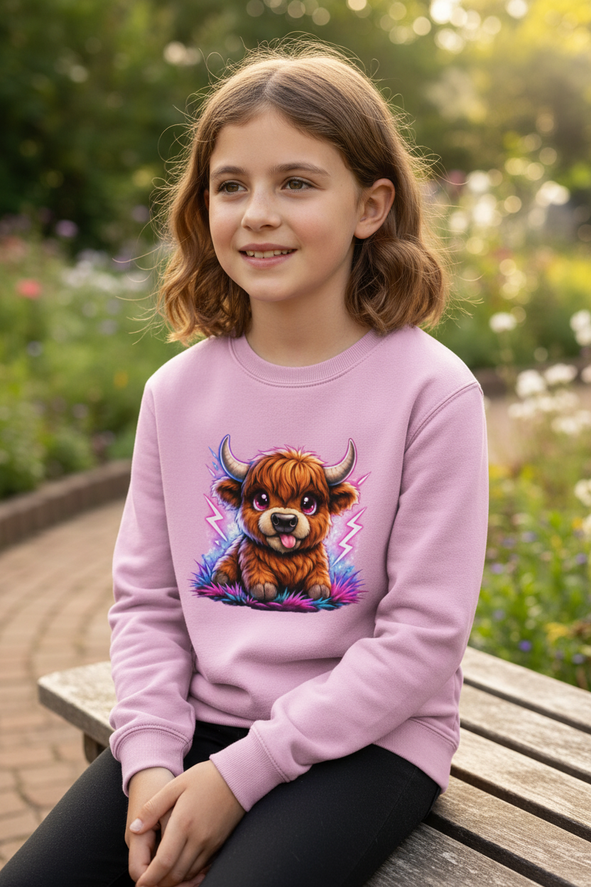 Kinder Sweatshirt Verspielte Hochlandrinder mit leuchtenden Hörnern