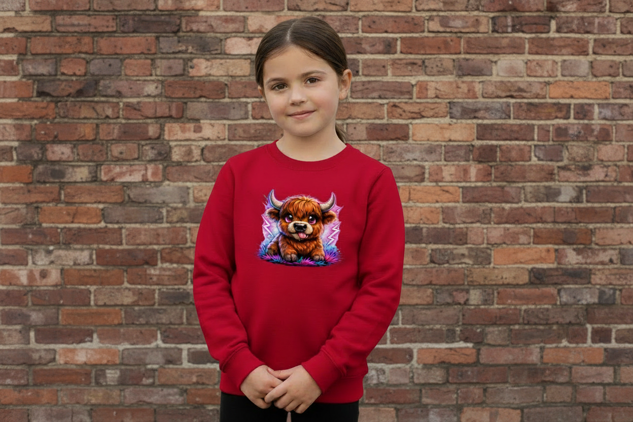 Kinder Sweatshirt Verspielte Hochlandrinder mit leuchtenden Hörnern