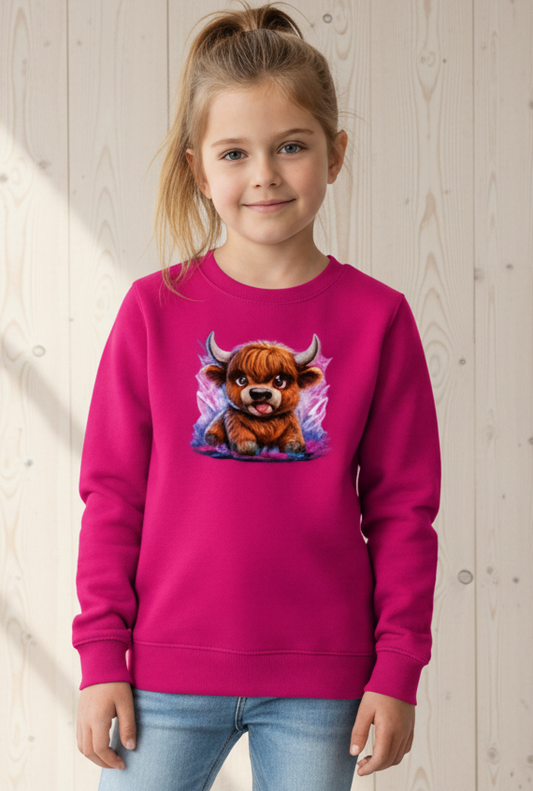 Kinder Sweatshirt Verspielte Hochlandrinder mit leuchtenden Hörnern