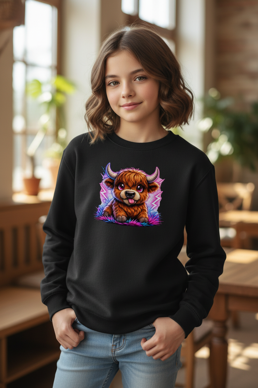 Kinder Sweatshirt Verspielte Hochlandrinder mit leuchtenden Hörnern