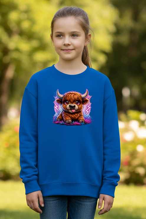 Kinder Sweatshirt Verspielte Hochlandrinder mit leuchtenden Hörnern