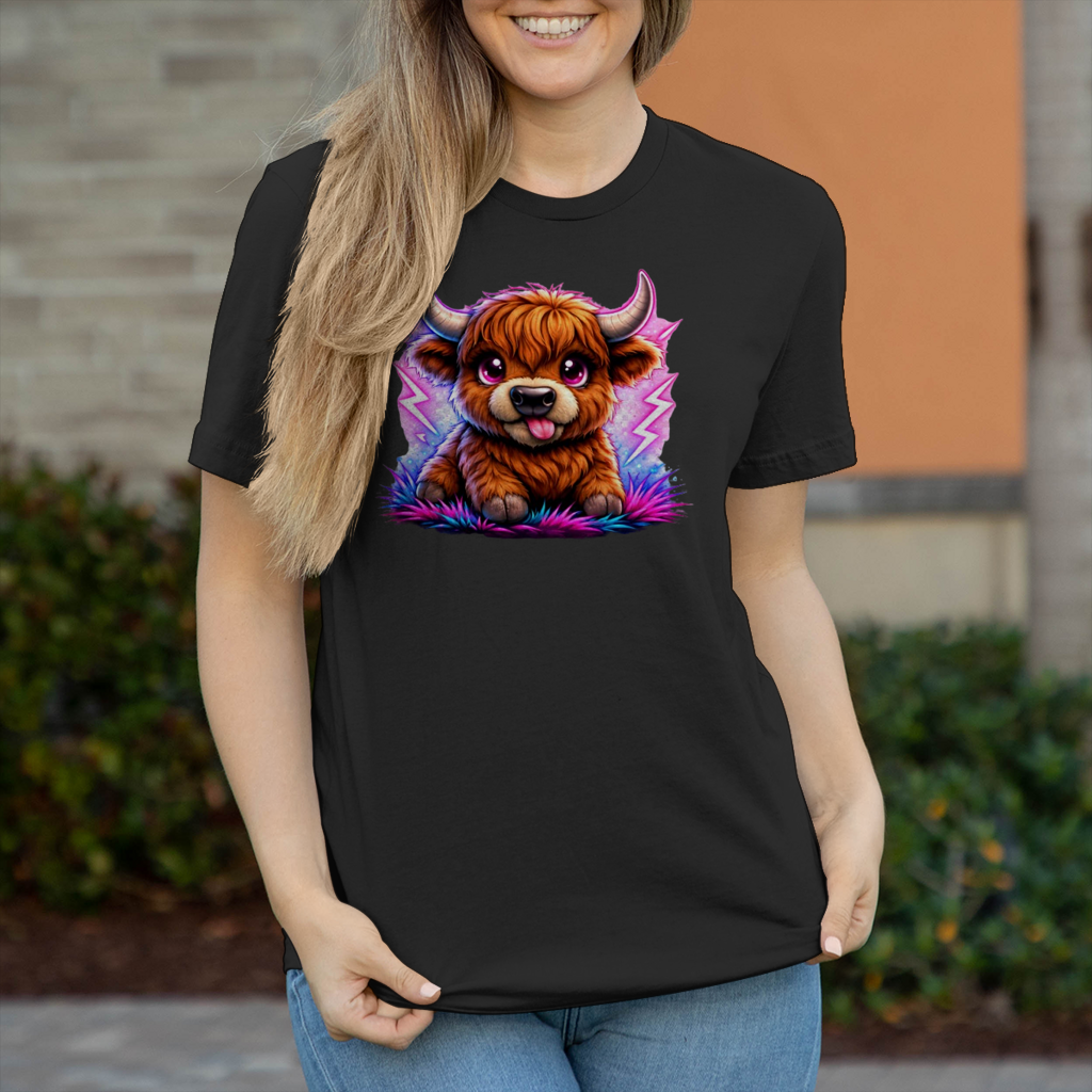 Damen T-Shirt Verspielte Hochlandrinder mit leuchtenden Hörnern