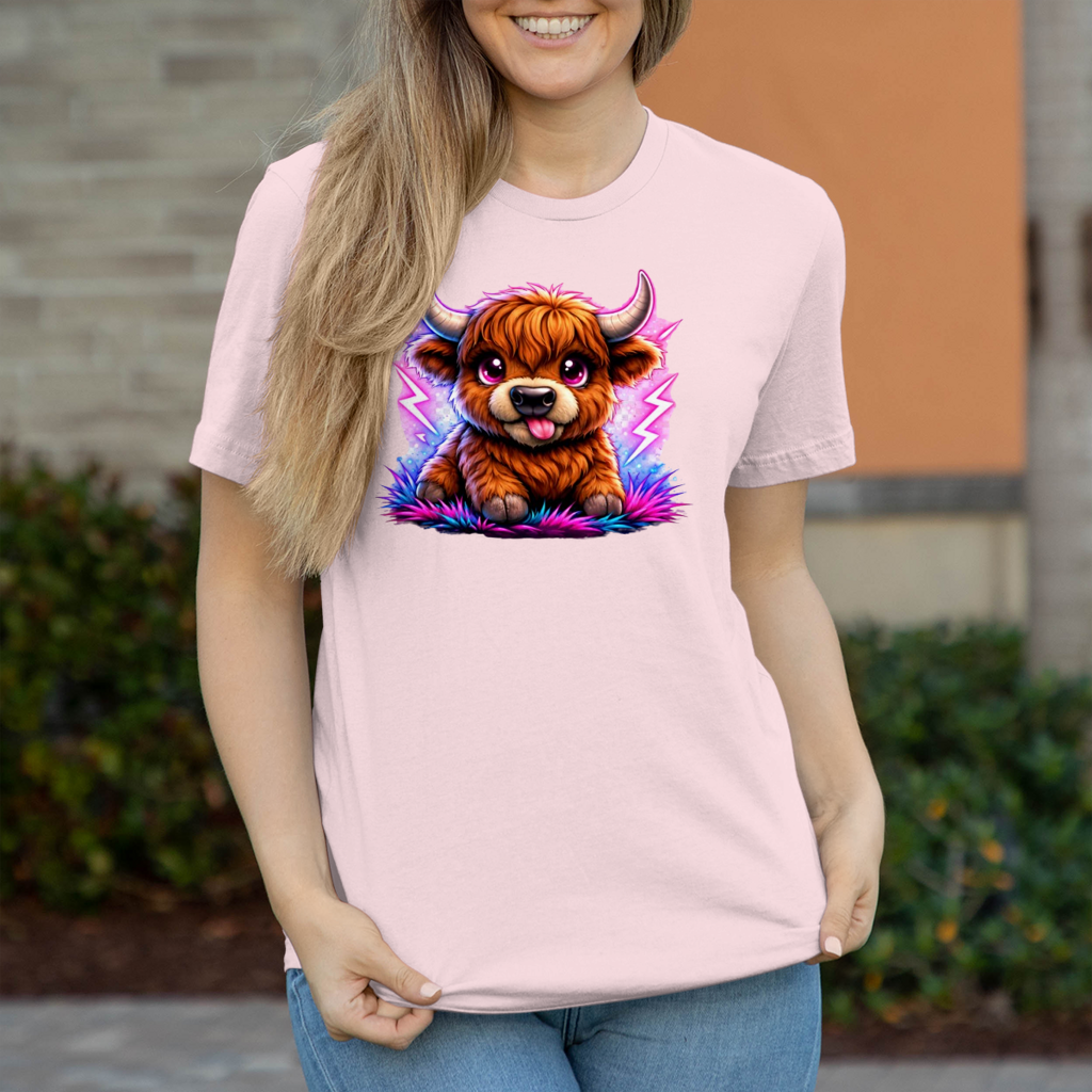 Damen T-Shirt Verspielte Hochlandrinder mit leuchtenden Hörnern