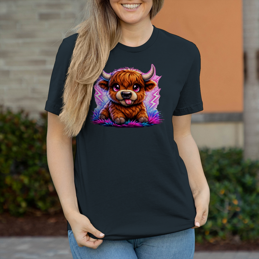 Damen T-Shirt Verspielte Hochlandrinder mit leuchtenden Hörnern