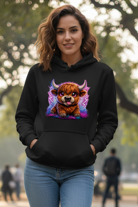 Damen Hoodie Verspielte Hochlandrinder mit leuchtenden Hörnern
