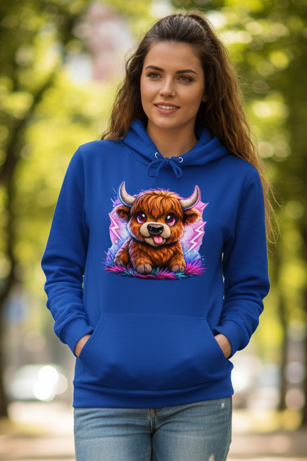 Damen Hoodie Verspielte Hochlandrinder mit leuchtenden Hörnern