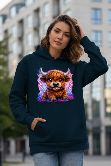 Damen Hoodie Verspielte Hochlandrinder mit leuchtenden Hörnern