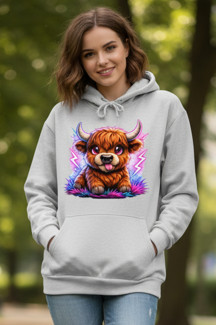 Damen Hoodie Verspielte Hochlandrinder mit leuchtenden Hörnern